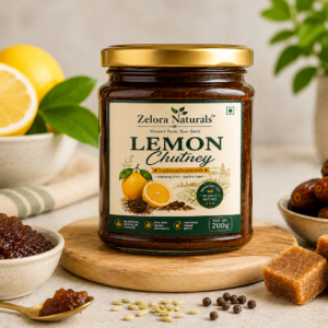 Zelora Naturals Lemon Chutney 200 g jar with lemon, dates and jaggery