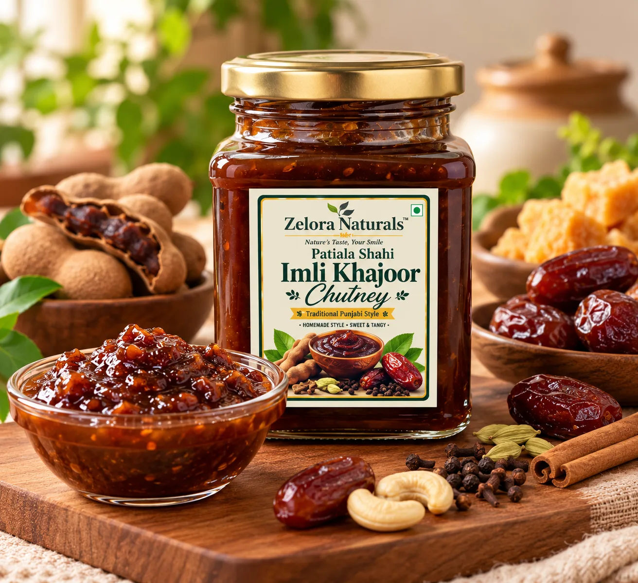 Zelora Naturals™ Patiala Shahi Imli Khajoor Chutney 400g glass jar with sweet and tangy chutney, tamarind, dates and Indian spices