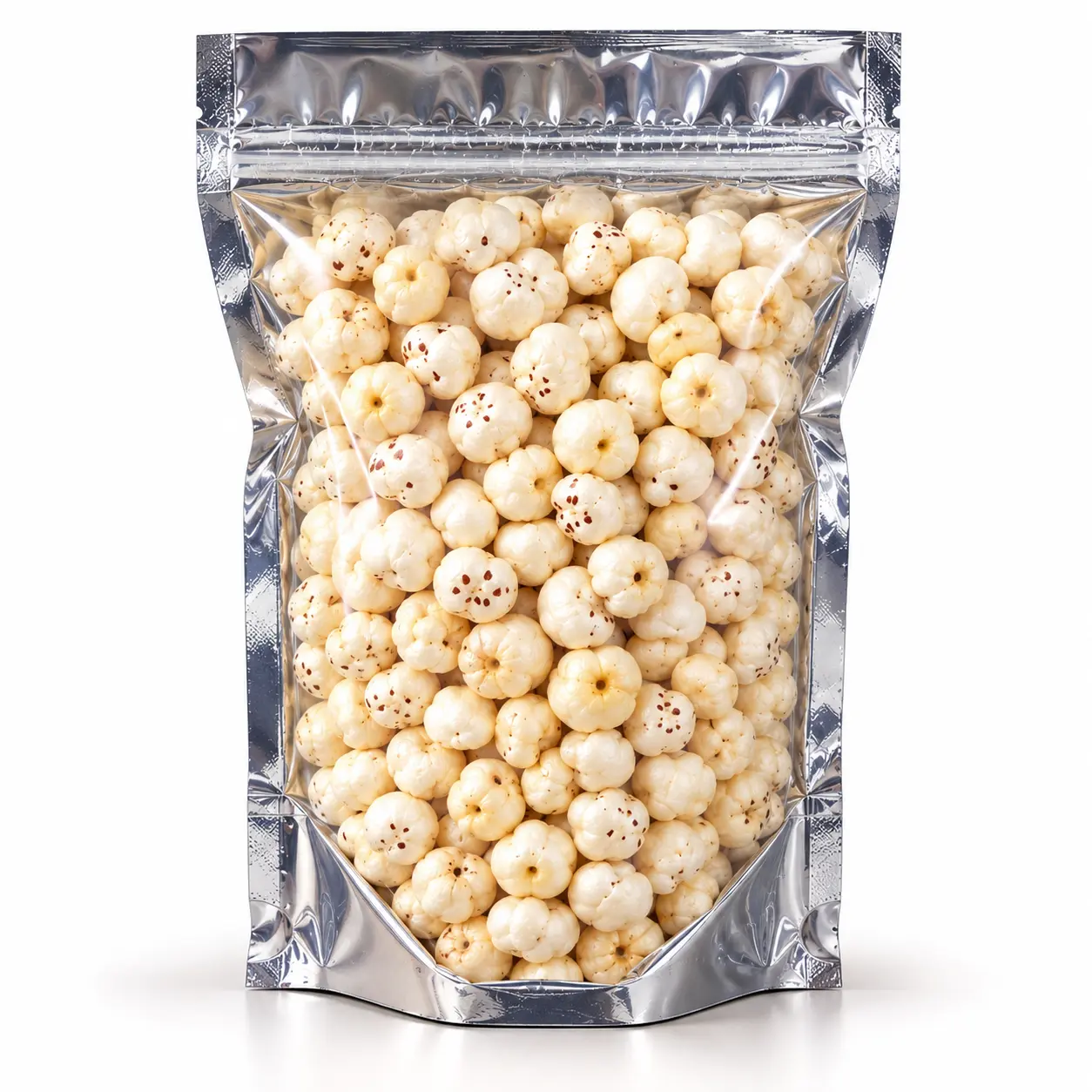 Zelora Naturals Premium Plain Makhana (Fox Nuts) 250g in a transparent resealable silver pouch
