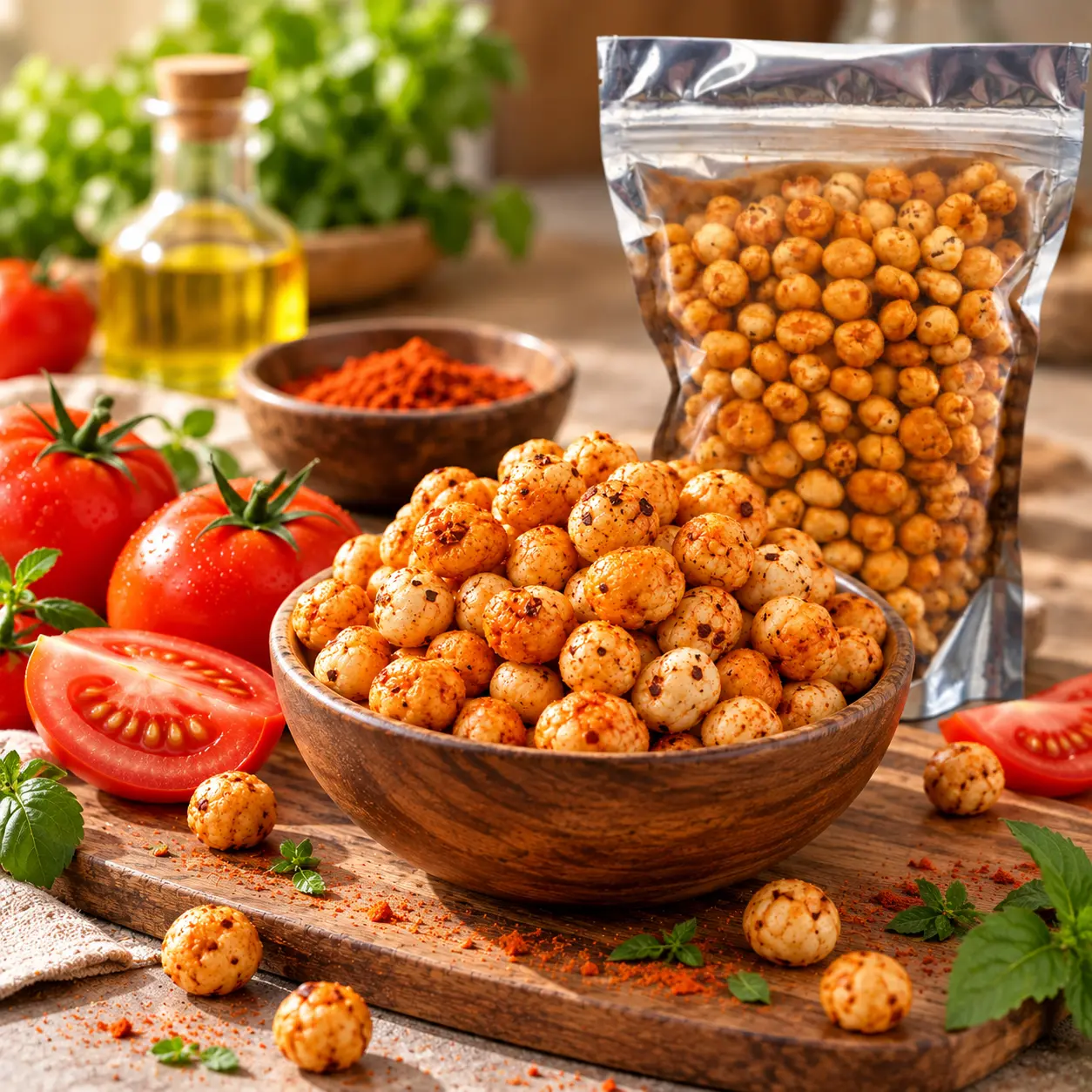 Zelora Naturals Premium Tomato Flavour Makhana in a wooden bowl with tomato-seasoned fox nuts and product pouch