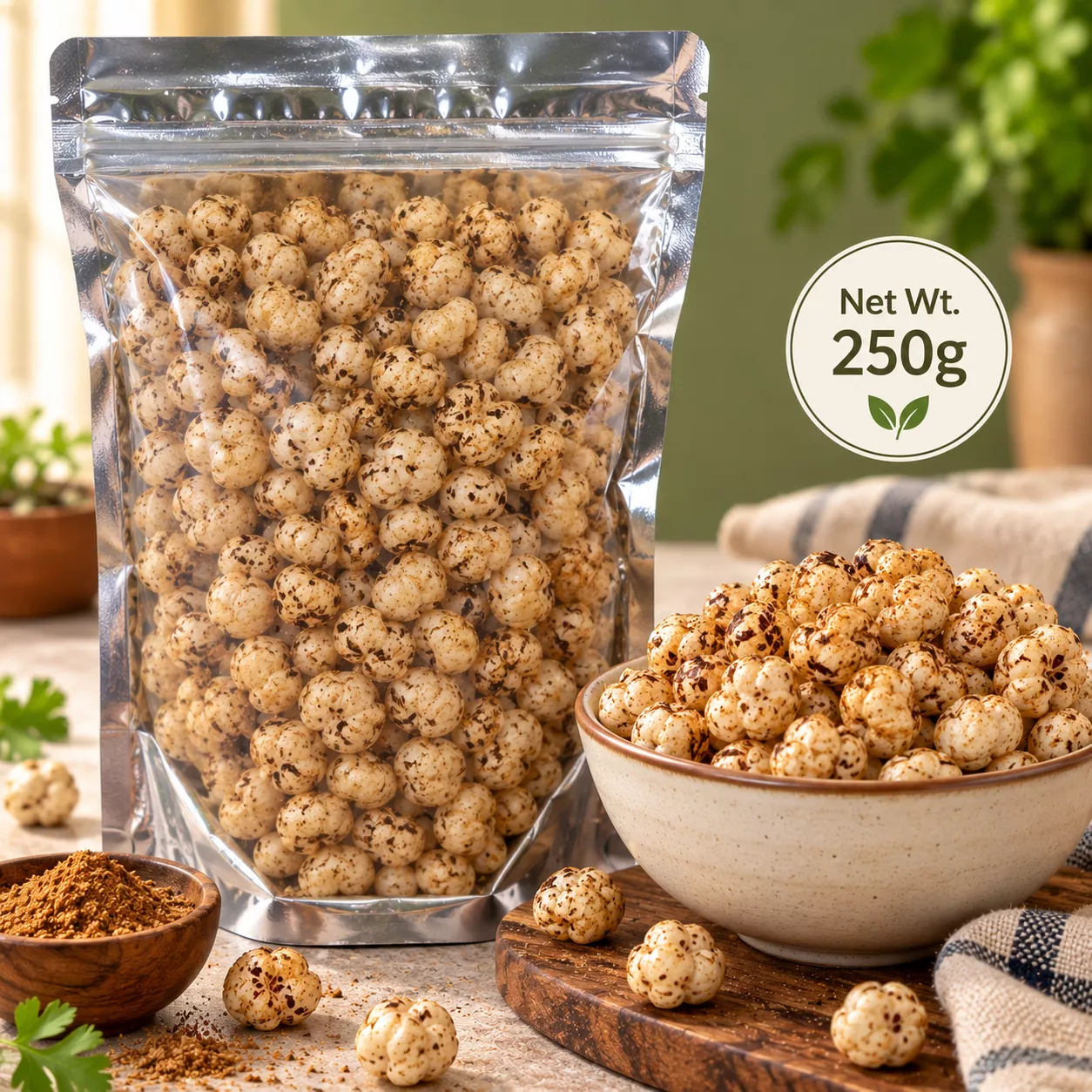 Premium Chat Masala Makhana 250g by Zelora Naturals in a transparent resealable pouch with a bowl of masala-coated fox nuts.