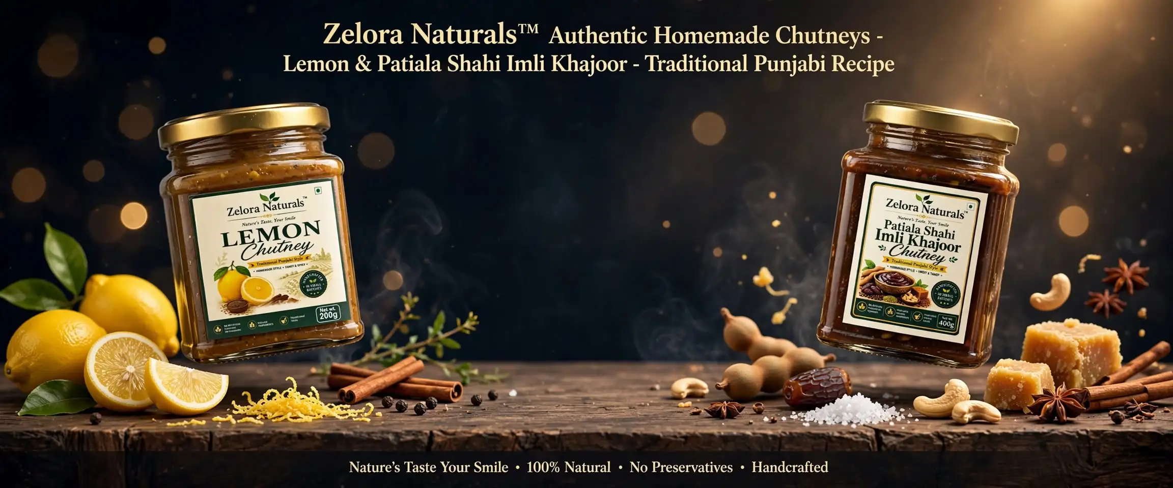 Zelora Naturals Authentic Homemade Chutneys - Lemon Chutney 200g and Patiala Shahi Imli Khajoor Chutney 400g - Traditional Punjabi Recipe - Zelora Naturals Natures Taste Your Smile - with fresh lemons lemon zest cinnamon star anise cashews jaggery imli tamarind pods dates khajoor salt - 100 percent natural no preservatives handcrafted - hero banner 1920x800