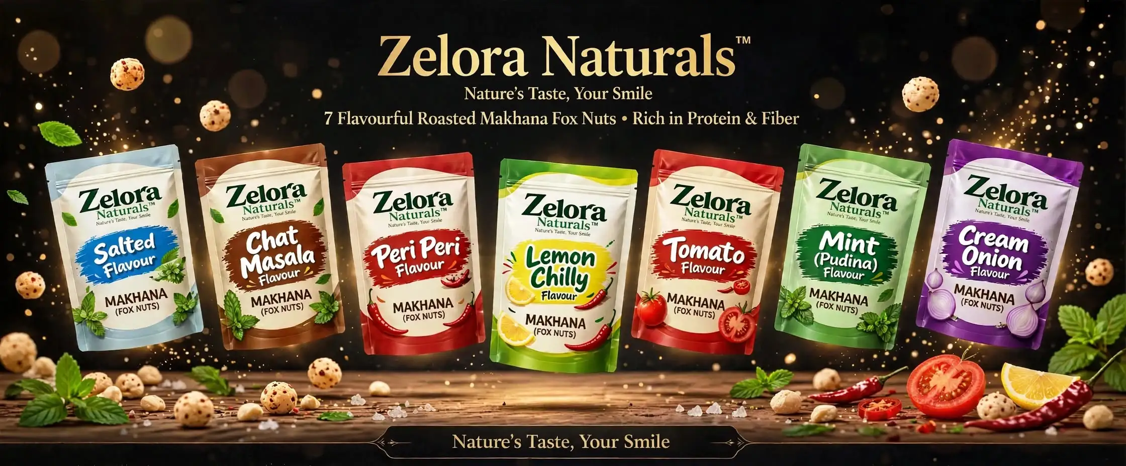 Zelora Naturals 7 flavourful roasted Makhana Fox Nuts - Salted Chat Masala Peri Peri Lemon Chilly Tomato Mint Pudina Cream Onion - Zelora Naturals Natures Taste Your Smile - Rich in Protein and Fiber - natural roasted fox nuts with tomato mint chilli lemon on wooden table - 100 percent natural handcrafted healthy snack - hero banner 1920x800