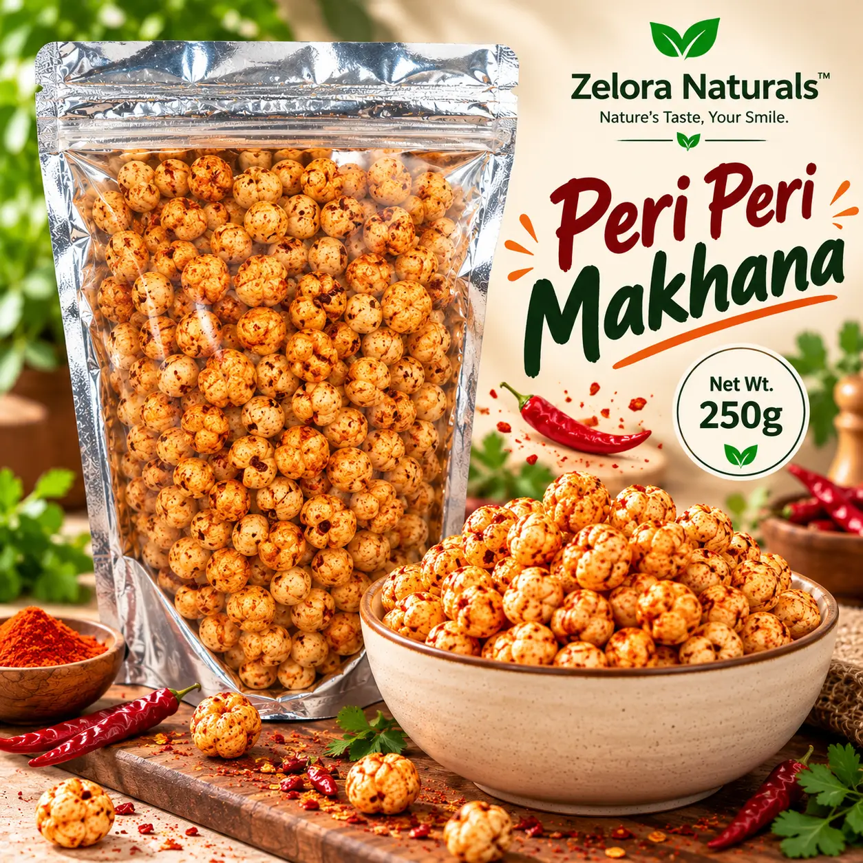 Zelora Naturals Premium Peri Peri Makhana 250g in a transparent resealable pouch with a bowl of spicy roasted fox nuts.
